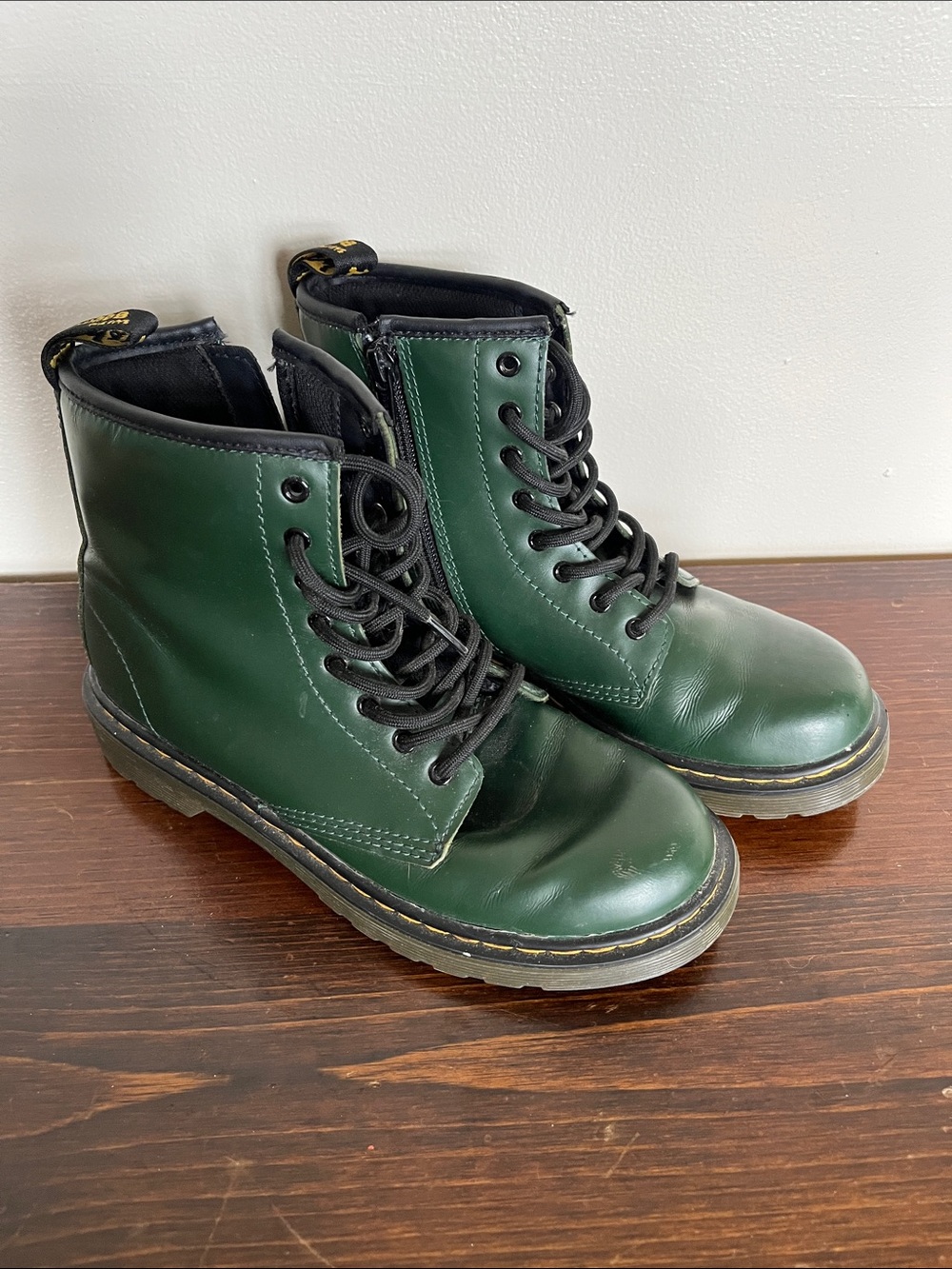 Dr. Martens Green Leather Combat Boots with Black Laces - Picture 2 of 7